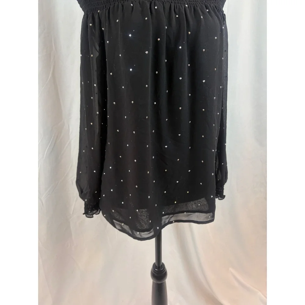 Black Off Shoulder Rhinestone Embellished Smocked Blouse Long Sleeve Size‎ Small